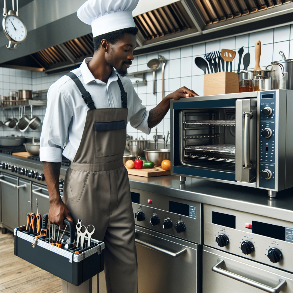 A kitchen technicain service african american man with tools in his hand getting ready to fix the combi oven. 