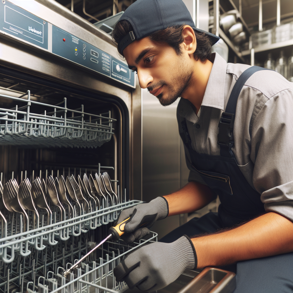 A Kitchen technician making repairs to a dishwasher 