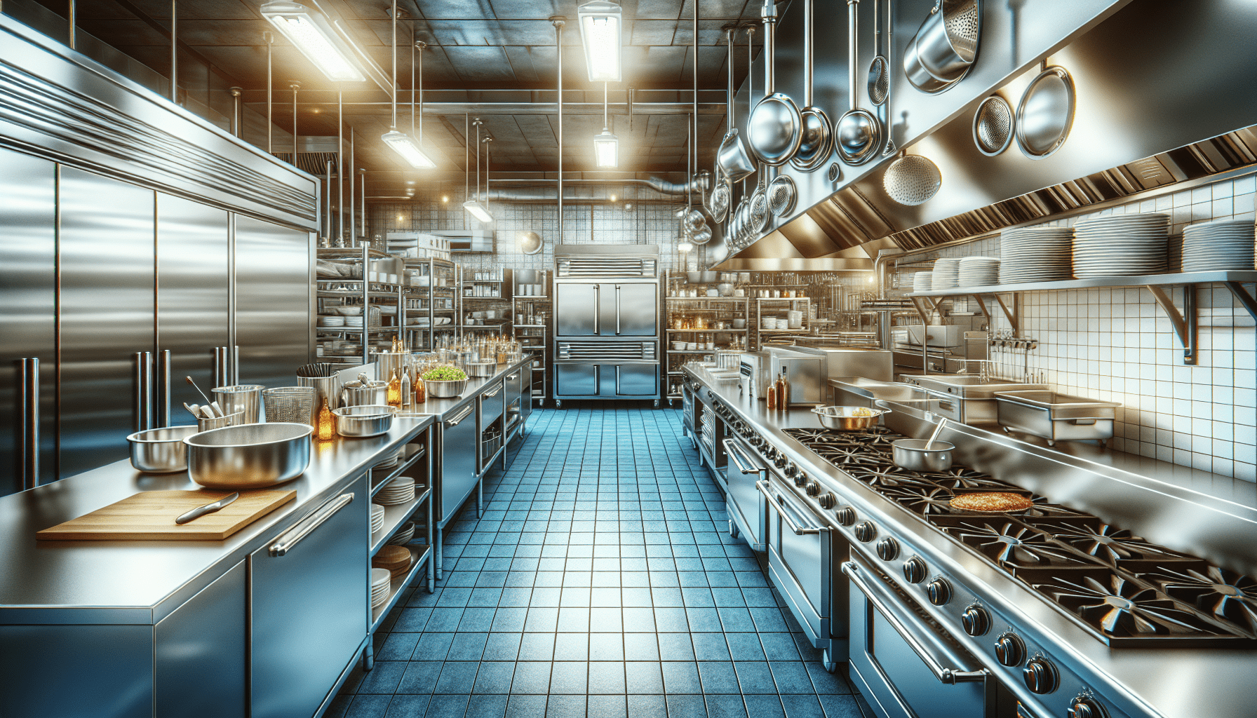 a large commercial kitchen with stainless steel appliances